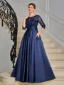 A-line Scoop 3/4 Sleeves Appliques Lace Floor-Length Satin Mother of the Bride Dress