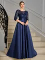 A-line Scoop 3/4 Sleeves Appliques Lace Floor-Length Satin Mother of the Bride Dress
