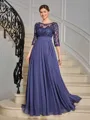 A-line Scoop 3/4 Sleeves Appliques Lace Floor-Length Chiffon Mother of the Bride Dress