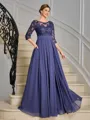 A-line Scoop 3/4 Sleeves Appliques Lace Floor-Length Chiffon Mother of the Bride Dress