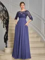 A-line Scoop 3/4 Sleeves Appliques Lace Floor-Length Chiffon Mother of the Bride Dress