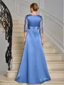 Sheath Scoop 3/4 Sleeves Appliques Lace Floor-Length Satin Mother of the Bride Dress