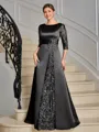 Sheath Scoop 3/4 Sleeves Appliques Lace Floor-Length Satin Mother of the Bride Dress