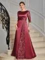 Sheath Scoop 3/4 Sleeves Appliques Lace Floor-Length Satin Mother of the Bride Dress