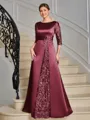 Sheath Scoop 3/4 Sleeves Appliques Lace Floor-Length Satin Mother of the Bride Dress