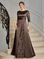 Sheath Scoop 3/4 Sleeves Appliques Lace Floor-Length Satin Mother of the Bride Dress