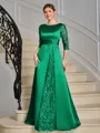 Sheath Scoop 3/4 Sleeves Appliques Lace Floor-Length Satin Mother of the Bride Dress