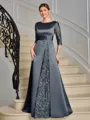 Sheath Scoop 3/4 Sleeves Appliques Lace Floor-Length Satin Mother of the Bride Dress