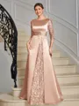Sheath Scoop 3/4 Sleeves Appliques Lace Floor-Length Satin Mother of the Bride Dress