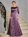 Sheath Scoop 3/4 Sleeves Appliques Lace Floor-Length Satin Mother of the Bride Dress
