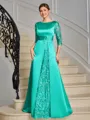 Sheath Scoop 3/4 Sleeves Appliques Lace Floor-Length Satin Mother of the Bride Dress