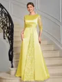 Sheath Scoop 3/4 Sleeves Appliques Lace Floor-Length Satin Mother of the Bride Dress