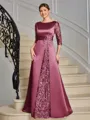 Sheath Scoop 3/4 Sleeves Appliques Lace Floor-Length Satin Mother of the Bride Dress