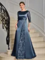 Sheath Scoop 3/4 Sleeves Appliques Lace Floor-Length Satin Mother of the Bride Dress