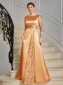 Sheath Scoop 3/4 Sleeves Appliques Lace Floor-Length Satin Mother of the Bride Dress