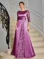 Sheath Scoop 3/4 Sleeves Appliques Lace Floor-Length Satin Mother of the Bride Dress