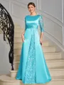 Sheath Scoop 3/4 Sleeves Appliques Lace Floor-Length Satin Mother of the Bride Dress