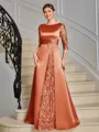 Sheath Scoop 3/4 Sleeves Appliques Lace Floor-Length Satin Mother of the Bride Dress