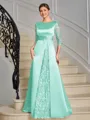 Sheath Scoop 3/4 Sleeves Appliques Lace Floor-Length Satin Mother of the Bride Dress