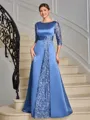 Sheath Scoop 3/4 Sleeves Appliques Lace Floor-Length Satin Mother of the Bride Dress