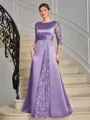 Sheath Scoop 3/4 Sleeves Appliques Lace Floor-Length Satin Mother of the Bride Dress