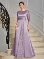Sheath Scoop 3/4 Sleeves Appliques Lace Floor-Length Satin Mother of the Bride Dress