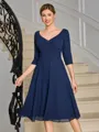 A-line V-neck 3/4 Sleeves Pleated Tea-Length Chiffon Mother of the Bride Dress