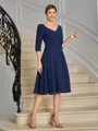 A-line V-neck 3/4 Sleeves Pleated Tea-Length Chiffon Mother of the Bride Dress