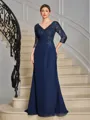 Sheath V-neck 3/4 Sleeves Appliques Lace Floor-Length Chiffon Mother of the Bride Dress