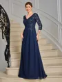 Sheath V-neck 3/4 Sleeves Appliques Lace Floor-Length Chiffon Mother of the Bride Dress