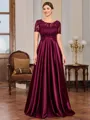 A-line Scoop Short Sleeves Appliques Lace Floor-Length Silk Like Satin Mother of the Bride Dress