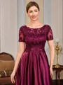 A-line Scoop Short Sleeves Appliques Lace Floor-Length Silk Like Satin Mother of the Bride Dress