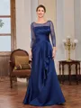 Sheath Scoop Long Sleeves Pleated Floor-Length Satin Mother of the Bride Dress