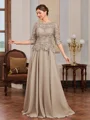 A-line Scoop 3/4 Sleeves Appliques Lace Sweep Train Chiffon Mother of the Bride Dress