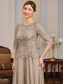A-line Scoop 3/4 Sleeves Appliques Lace Sweep Train Chiffon Mother of the Bride Dress
