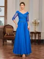 A-line V-neck 3/4 Sleeves Appliques Lace Ankle-Length Chiffon Mother of the Bride Dress