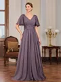 A-line V-neck Short Sleeves Appliques Lace Floor-Length Chiffon Mother of the Bride Dress