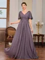 A-line V-neck Short Sleeves Appliques Lace Floor-Length Chiffon Mother of the Bride Dress