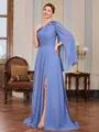 A-line One-Shoulder Long Sleeves Pleated Floor-Length Chiffon Mother of the Bride Dress