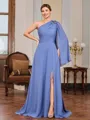 A-line One-Shoulder Long Sleeves Pleated Floor-Length Chiffon Mother of the Bride Dress