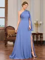 A-line One-Shoulder Long Sleeves Pleated Floor-Length Chiffon Mother of the Bride Dress
