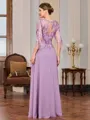 A-line Scoop 3/4 Sleeves Appliques Lace Floor-Length Chiffon Mother of the Bride Dress