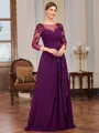 Sheath Scoop 3/4 Sleeves Appliques Lace Floor-Length Chiffon Mother of the Bride Dress