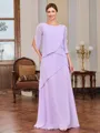 Sheath Scoop 3/4 Sleeves Cascading Ruffles Floor-Length Chiffon Mother of the Bride Dress