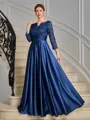 A-line V-neck 3/4 Sleeves Appliques Lace Floor-Length Silk Like Satin Mother of the Bride Dress