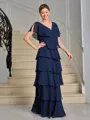 Sheath V-neck Short Sleeves Cascading Ruffles Ankle-Length Chiffon Mother of the Bride Dress