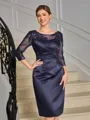 Sheath Scoop 3/4 Sleeves Appliques Lace Knee-Length Satin Mother of the Bride Dress