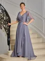 A-line V-neck Short Sleeves Pleated Floor-Length Mother of the Bride Dress