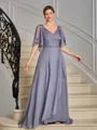 A-line V-neck Short Sleeves Pleated Floor-Length Mother of the Bride Dress