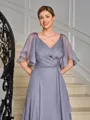 A-line V-neck Short Sleeves Pleated Floor-Length Mother of the Bride Dress